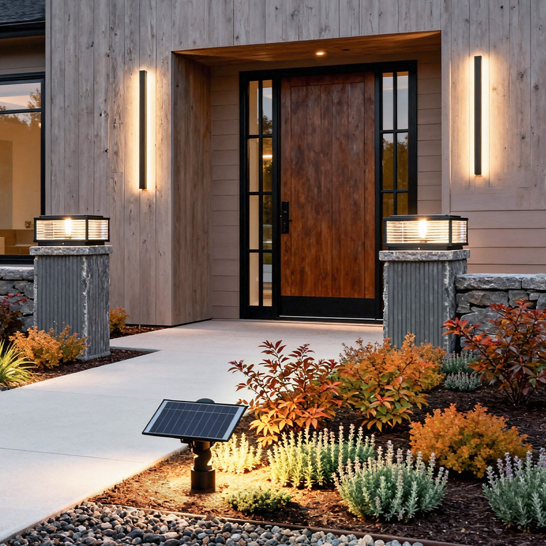 1. **WINSLOW RUSTIC WALL SCONCE** - A charming wall-mounted light fixture, featuring a weathered finish and intricate metalwork, perfect for illuminating outdoor spaces with a touch of vintage appeal.

2. **HARTFIELD GRANITE PILLAR LANTERN** - A stately p