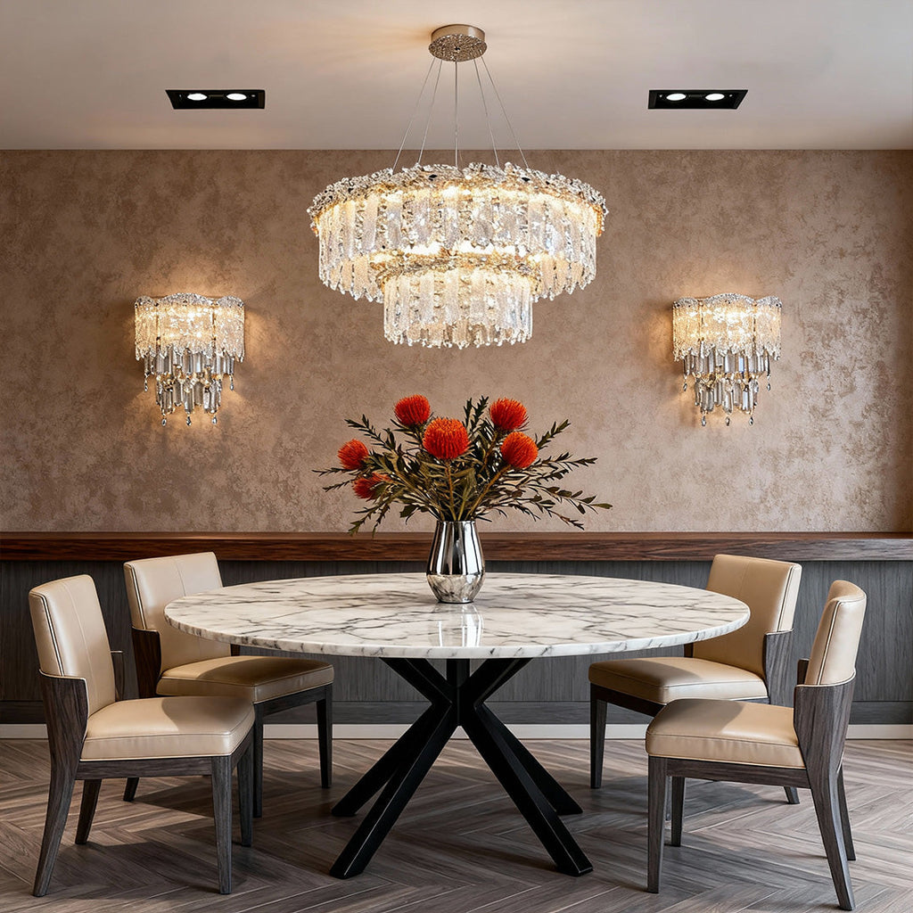 BRAMBLETON CRYSTAL TEARDROP CHANDELIER, "WILLOUGHBY IRON TWISTED WALL SCONCE", "HARTFIELD LUMINOUS RECESSED CEILING SPOTLIGHT