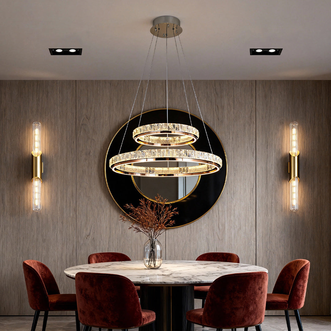 WINDSOR CRYSTAL DRUM CHANDELIER, BROMLEY HORIZONTAL FLAME SCONCES & KENSINGTON SLEEK RECESSED LIGHTS