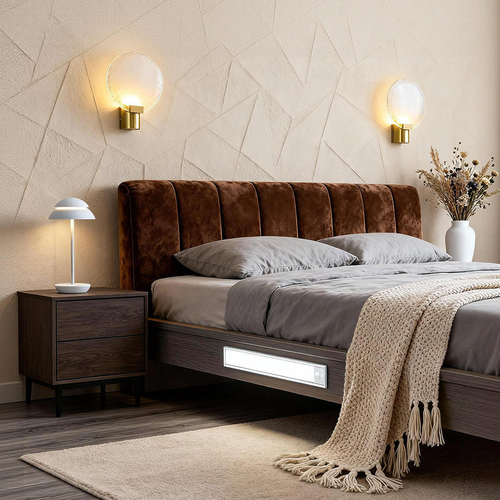 WINTHORPE CRYSTAL WALL SCONCES, LAVERTON TAPERED TABLE LAMP & HARTFIELD UNDER-BED GLOW STRIP