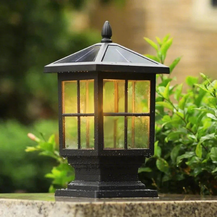 CHARLESTON SQUARE SOLAR PILLAR LANTERN WITH WATERPROOF DESIGN
