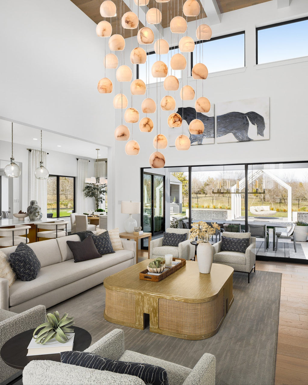 VIVIENNE LUMINAIRE WITH NATURAL ALABASTER GLOBE SHADES FOR GRAND SPACES
