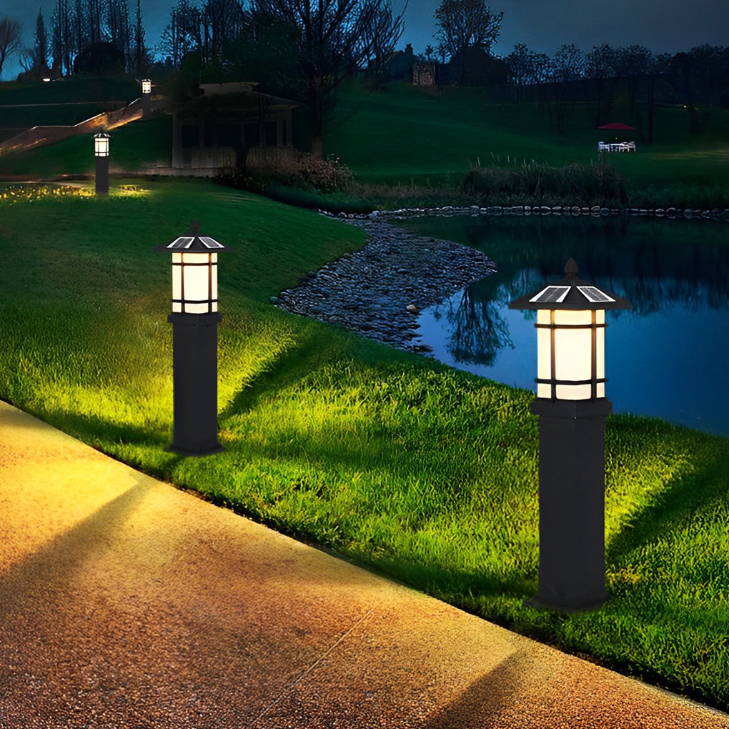 CHENWEN SOLAR-POWERED BOLLARD LIGHT WITH TRADITIONAL ASIAN CANOPY, WEATHER-RESISTANT OUTDOOR LUMINAIRE