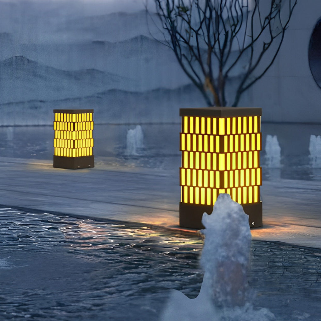 WINDSOR BLACK GRID LED GARDEN BOLLARD LIGHTING, MODERN WATER-RESISTANT OUTDOOR LAMP