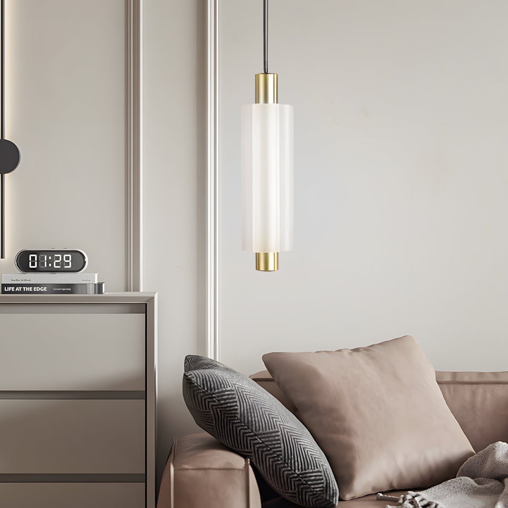 1. **WINSLOW ACRYLIC TRIO PENDANT LAMP**: A striking modern luminaire featuring three cylindrical shades in a sophisticated gold finish, perfect for illuminating dining areas or living spaces with a contemporary flair.

2. **CAMPBELL SINGLE CYLINDER HANGI