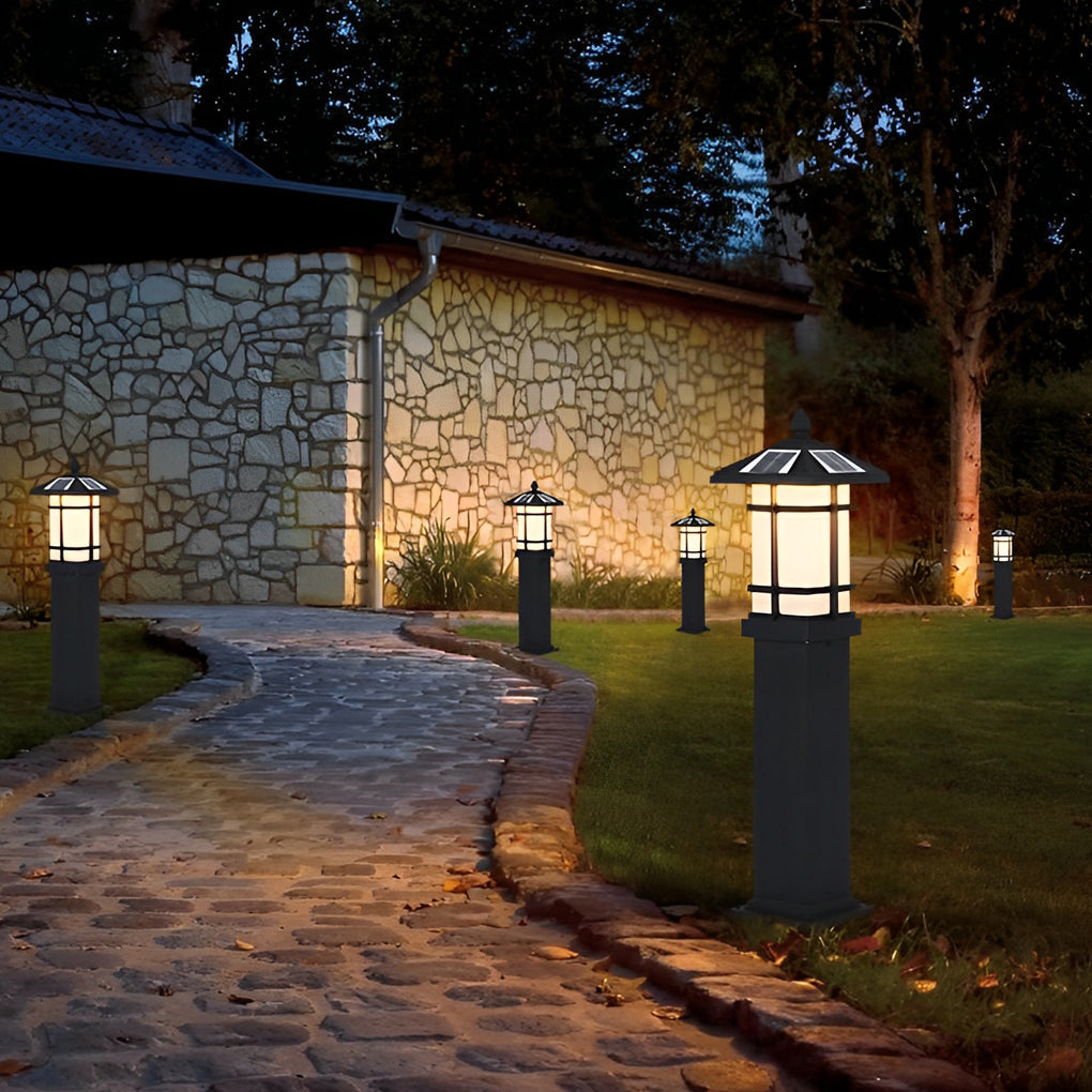 CHENWEN SOLAR-POWERED BOLLARD LIGHT WITH TRADITIONAL ASIAN CANOPY, WEATHER-RESISTANT OUTDOOR LUMINAIRE