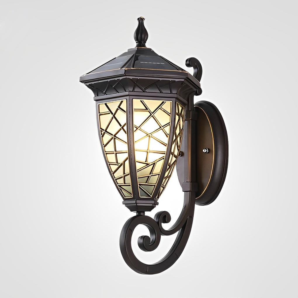 WINCHESTER SOLAR-CHARGED BLACK WALL LANTERN WITH VINTAGE GEOMETRIC DESIGN