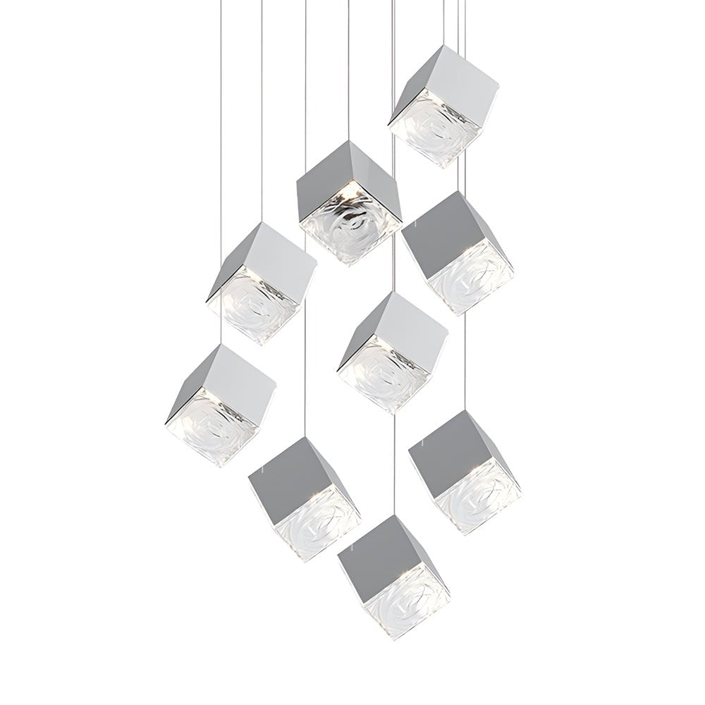 WINDSOR GLASS CUBE STAIRCASE LIGHTING IN GILDED METAL"  
2. "CAMBRIDGE MULTI-LIGHT ICE CUBE CHANDELIER IN POLISHED CHROME"  
3. "HENLEY MODERN GLASS ICE CUBE PENDANT IN GOLD FINISH"  
4. "TAVISTOCK STYLISH MULTI-LIGHT STAIRCASE CHANDELIER IN CHROME"  
5.
