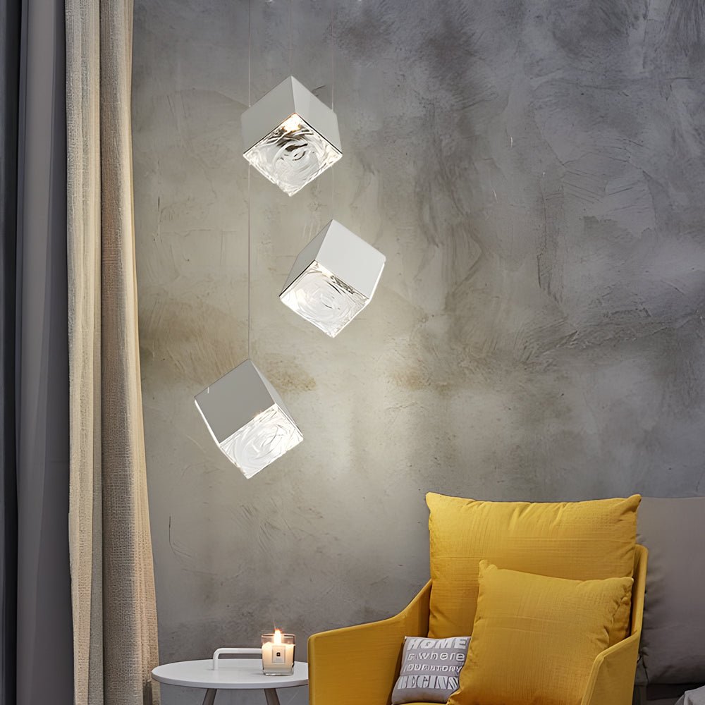 WINDSOR GLASS CUBE STAIRCASE LIGHTING IN GILDED METAL"  
2. "CAMBRIDGE MULTI-LIGHT ICE CUBE CHANDELIER IN POLISHED CHROME"  
3. "HENLEY MODERN GLASS ICE CUBE PENDANT IN GOLD FINISH"  
4. "TAVISTOCK STYLISH MULTI-LIGHT STAIRCASE CHANDELIER IN CHROME"  
5.