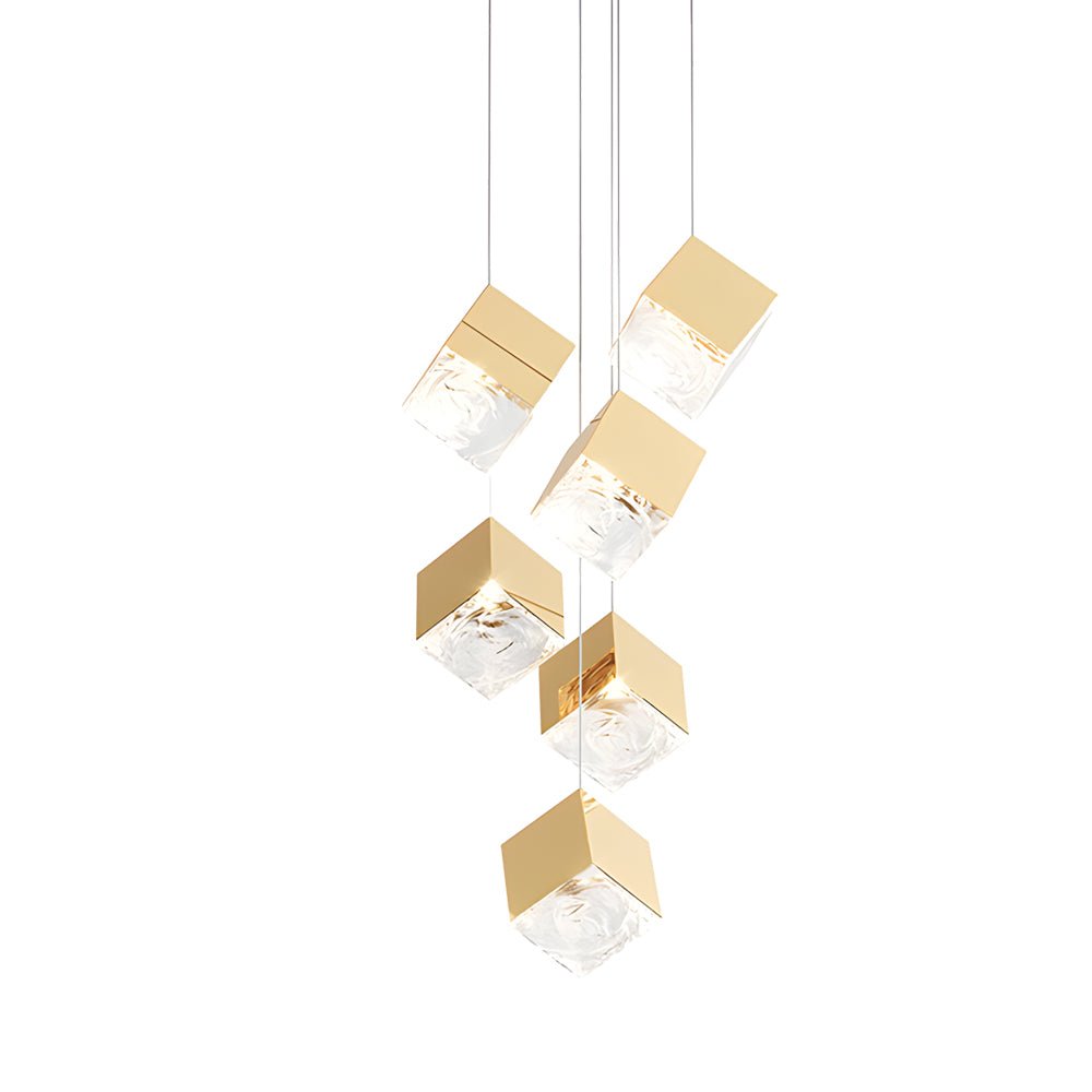 WINDSOR GLASS CUBE STAIRCASE LIGHTING IN GILDED METAL"  
2. "CAMBRIDGE MULTI-LIGHT ICE CUBE CHANDELIER IN POLISHED CHROME"  
3. "HENLEY MODERN GLASS ICE CUBE PENDANT IN GOLD FINISH"  
4. "TAVISTOCK STYLISH MULTI-LIGHT STAIRCASE CHANDELIER IN CHROME"  
5.