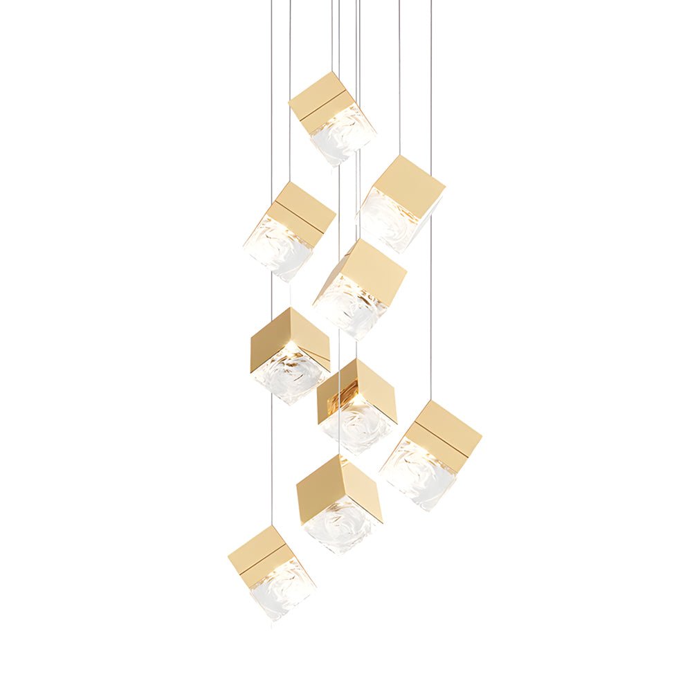 WINDSOR GLASS CUBE STAIRCASE LIGHTING IN GILDED METAL"  
2. "CAMBRIDGE MULTI-LIGHT ICE CUBE CHANDELIER IN POLISHED CHROME"  
3. "HENLEY MODERN GLASS ICE CUBE PENDANT IN GOLD FINISH"  
4. "TAVISTOCK STYLISH MULTI-LIGHT STAIRCASE CHANDELIER IN CHROME"  
5.