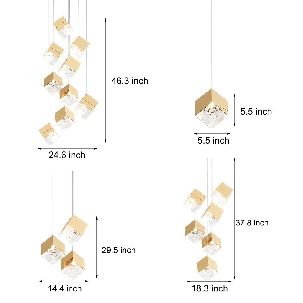 WINDSOR GLASS CUBE STAIRCASE LIGHTING IN GILDED METAL"  
2. "CAMBRIDGE MULTI-LIGHT ICE CUBE CHANDELIER IN POLISHED CHROME"  
3. "HENLEY MODERN GLASS ICE CUBE PENDANT IN GOLD FINISH"  
4. "TAVISTOCK STYLISH MULTI-LIGHT STAIRCASE CHANDELIER IN CHROME"  
5.