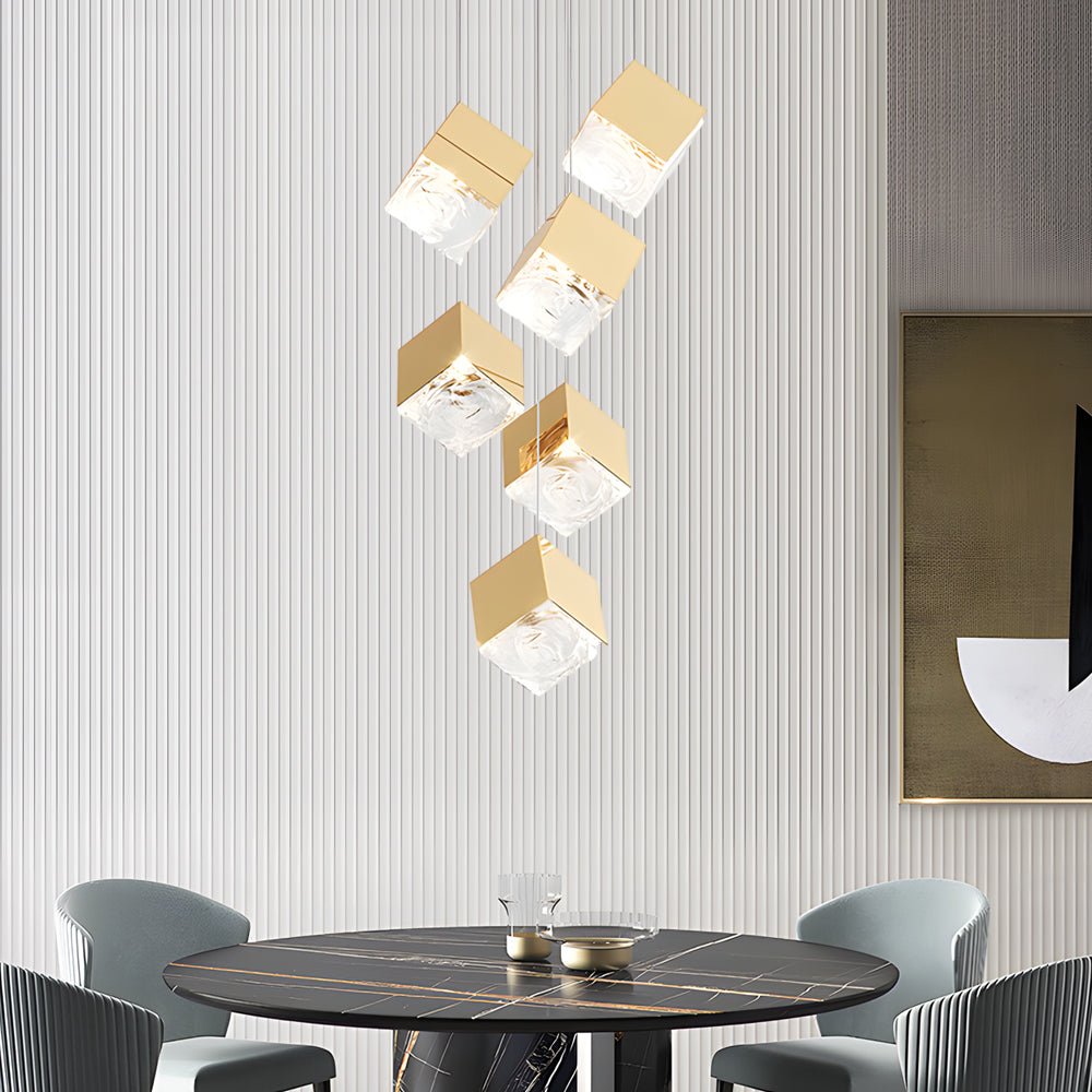 WINDSOR GLASS CUBE STAIRCASE LIGHTING IN GILDED METAL"  
2. "CAMBRIDGE MULTI-LIGHT ICE CUBE CHANDELIER IN POLISHED CHROME"  
3. "HENLEY MODERN GLASS ICE CUBE PENDANT IN GOLD FINISH"  
4. "TAVISTOCK STYLISH MULTI-LIGHT STAIRCASE CHANDELIER IN CHROME"  
5.