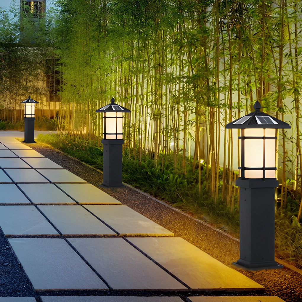 CHENWEN SOLAR-POWERED BOLLARD LIGHT WITH TRADITIONAL ASIAN CANOPY, WEATHER-RESISTANT OUTDOOR LUMINAIRE