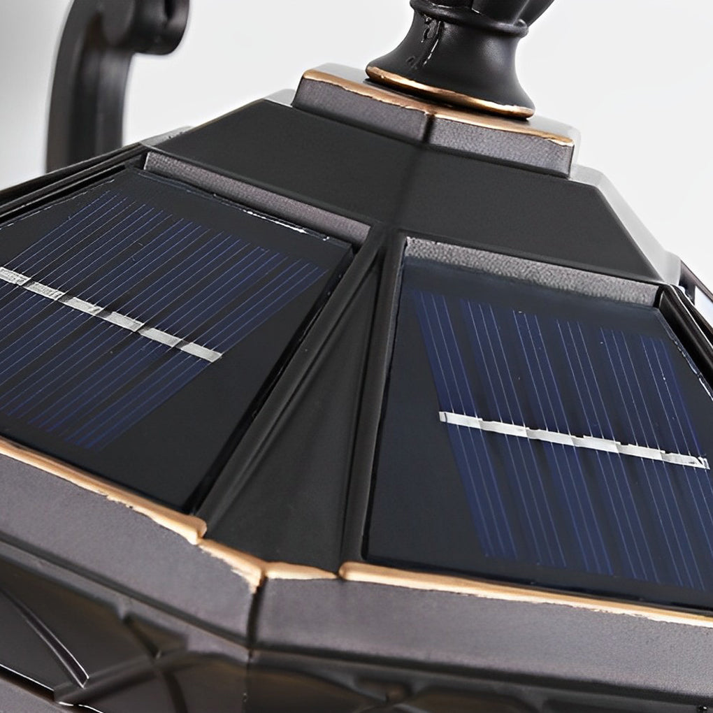 WINCHESTER SOLAR-CHARGED BLACK WALL LANTERN WITH VINTAGE GEOMETRIC DESIGN