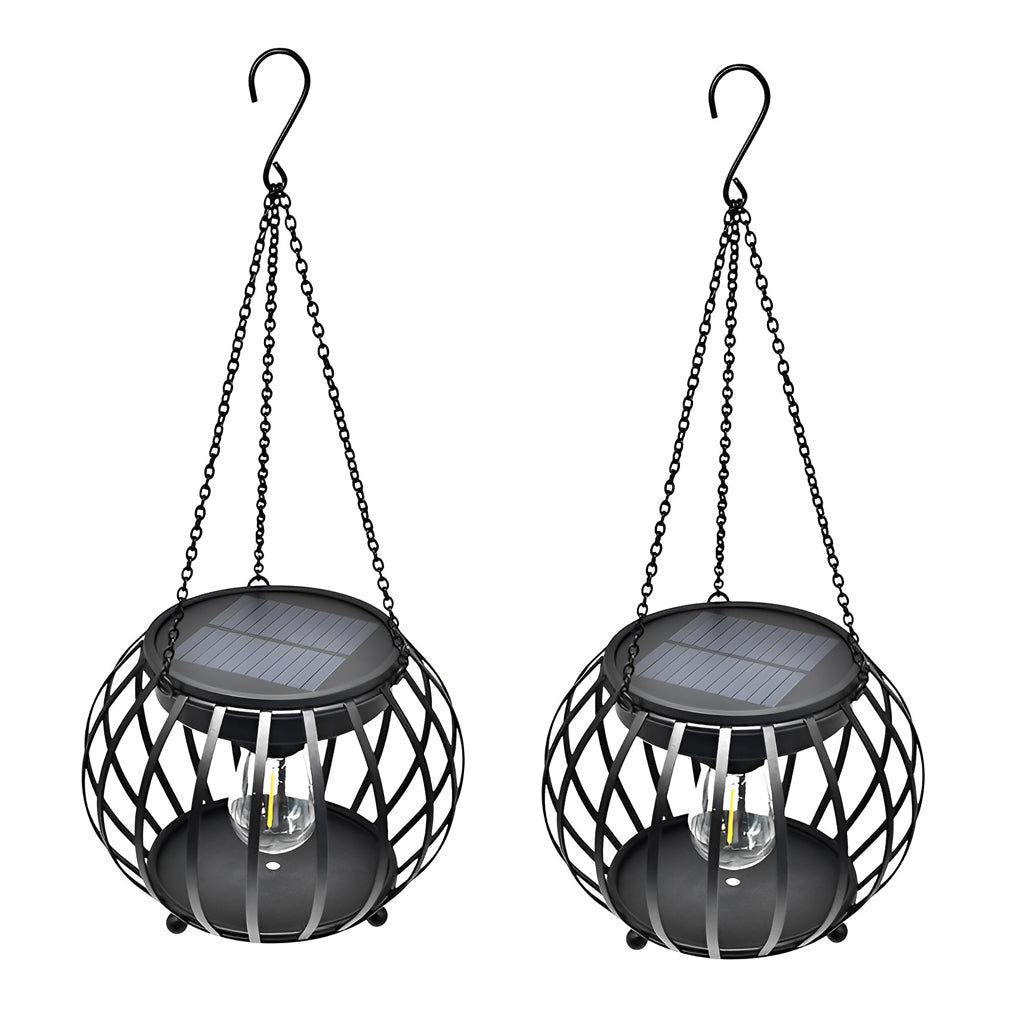 WILLOUGHBY GLOWING PUMPKIN SOLAR LANTERN SET - Waterproof Black Metal Design for Outdoor Ambience"  
2. "THISTLEDOWN NOCTURNAL PUMPKIN LIGHTS - Pair of Modern Solar-Illuminated Waterproof Lanterns