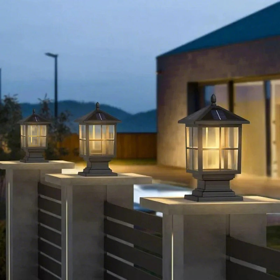 CHARLESTON SQUARE SOLAR PILLAR LANTERN WITH WATERPROOF DESIGN