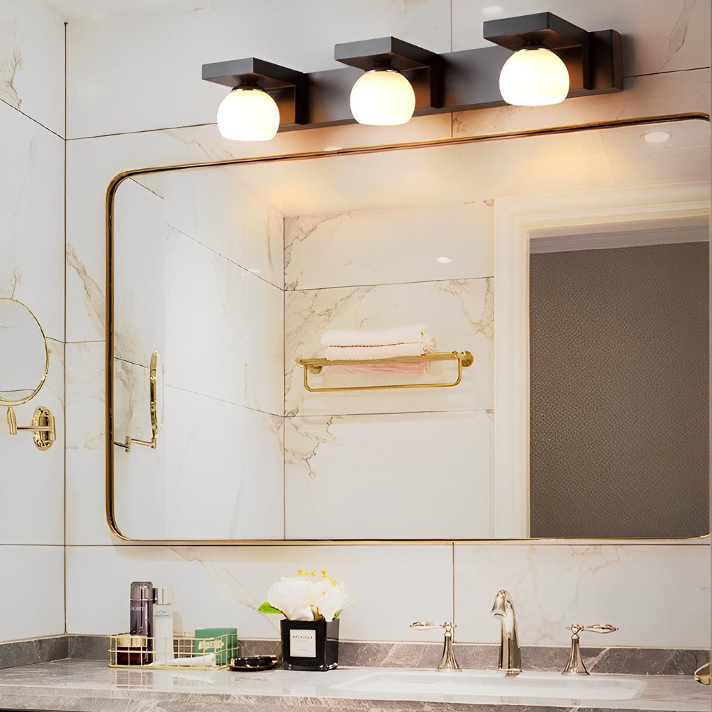 WINDSOR WOODEN BATHROOM ILLUMINATOR WITH FLEXIBLE IRON SPOTLIGHT AND FIXED GLASS GLOBE