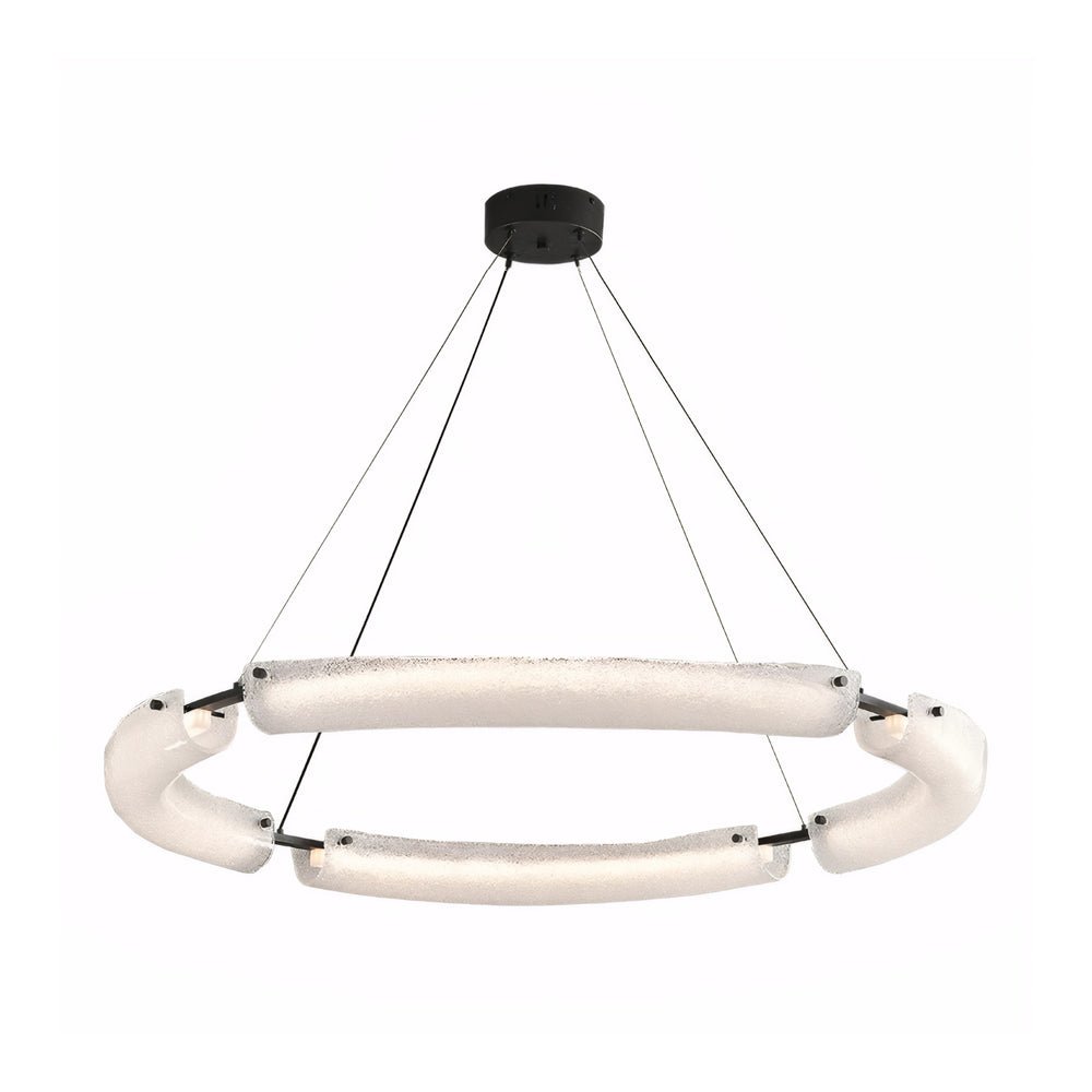 HARTWELL FROSTED GLASS RING CHANDELIER - 26-Inch"
2. "RAVENSCROFT WIDE WATER GLASS RING LIGHT - 34-Inch"
3. "WINTERBOURNE ILLUMINATED GLASS RING CHANDELIER - 42-Inch
