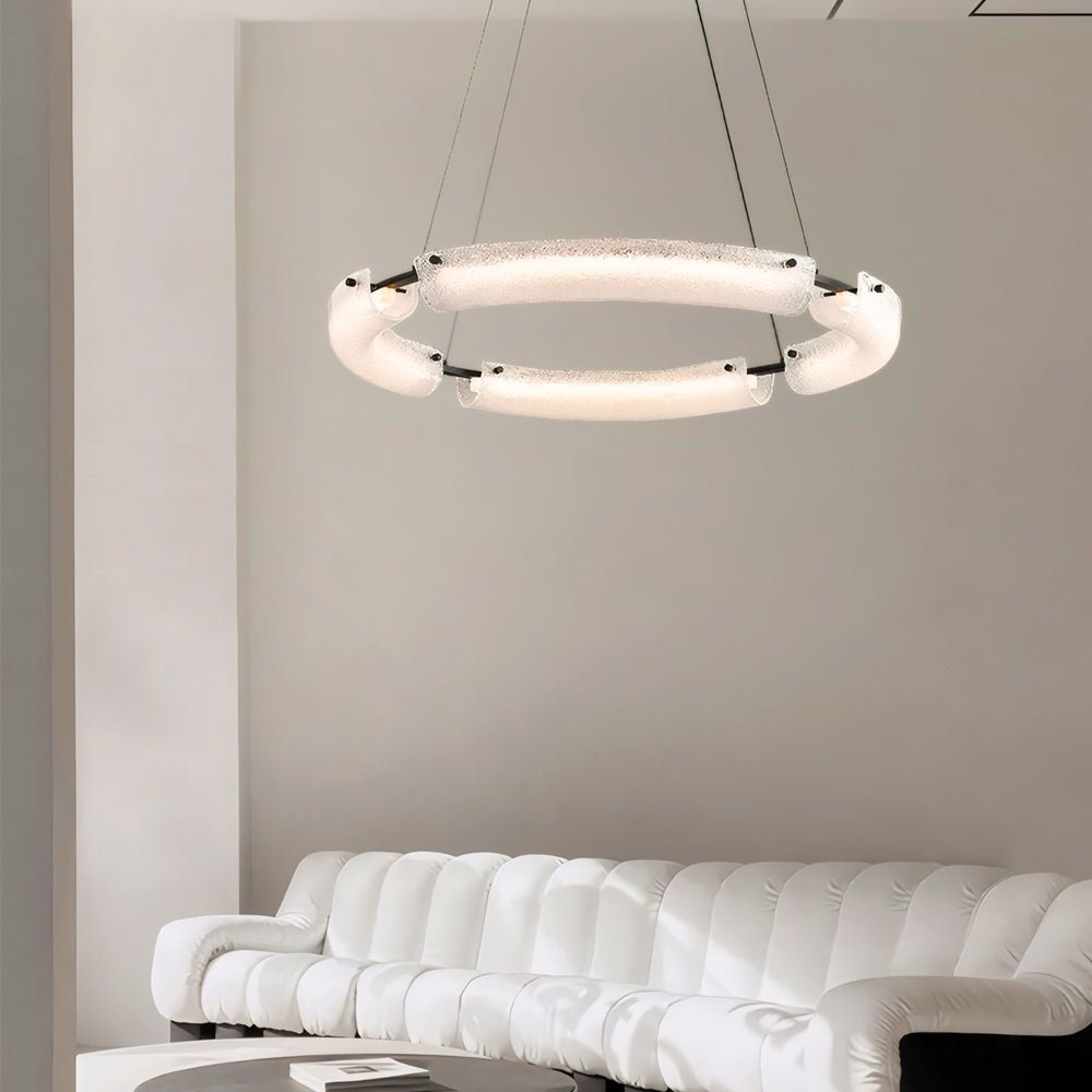 HARTWELL FROSTED GLASS RING CHANDELIER - 26-Inch"
2. "RAVENSCROFT WIDE WATER GLASS RING LIGHT - 34-Inch"
3. "WINTERBOURNE ILLUMINATED GLASS RING CHANDELIER - 42-Inch