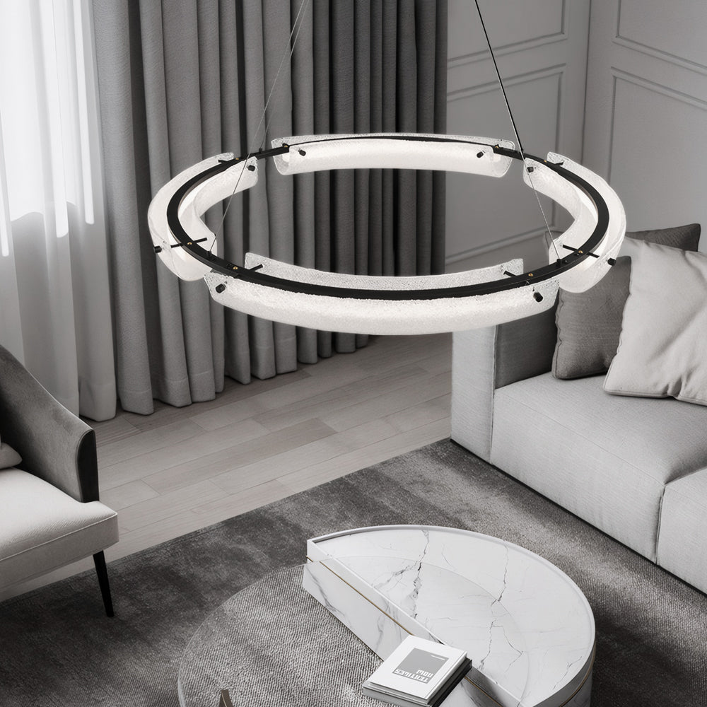HARTWELL FROSTED GLASS RING CHANDELIER - 26-Inch"
2. "RAVENSCROFT WIDE WATER GLASS RING LIGHT - 34-Inch"
3. "WINTERBOURNE ILLUMINATED GLASS RING CHANDELIER - 42-Inch