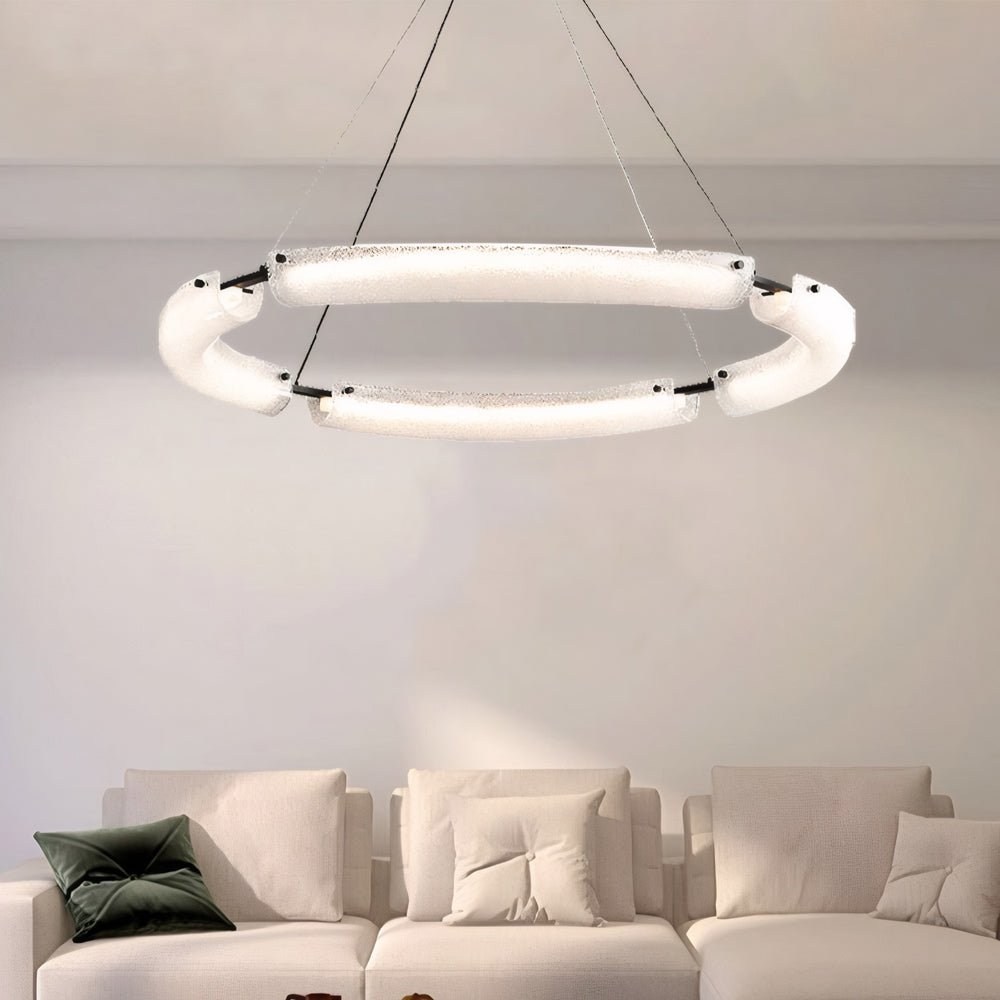 HARTWELL FROSTED GLASS RING CHANDELIER - 26-Inch"
2. "RAVENSCROFT WIDE WATER GLASS RING LIGHT - 34-Inch"
3. "WINTERBOURNE ILLUMINATED GLASS RING CHANDELIER - 42-Inch