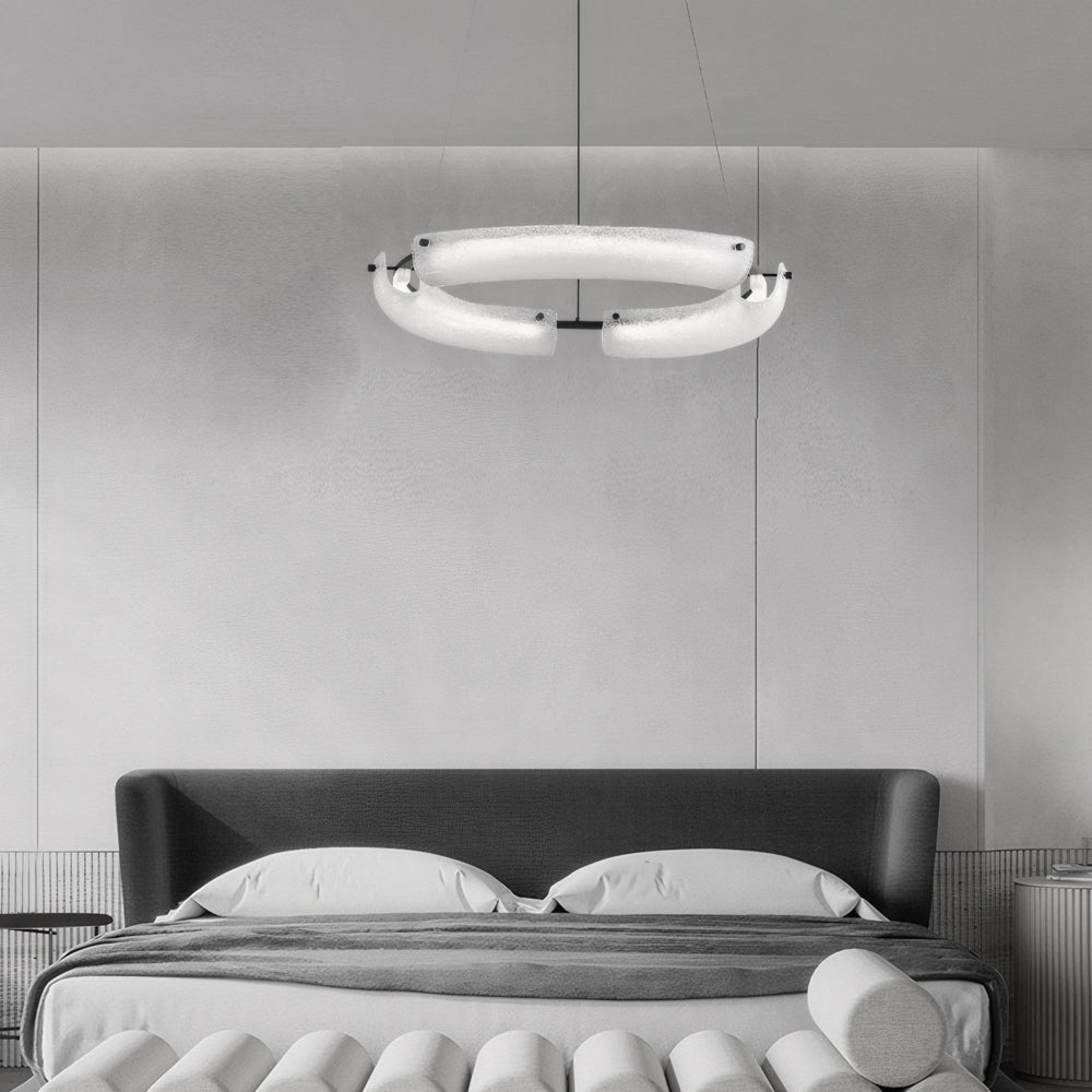 HARTWELL FROSTED GLASS RING CHANDELIER - 26-Inch"
2. "RAVENSCROFT WIDE WATER GLASS RING LIGHT - 34-Inch"
3. "WINTERBOURNE ILLUMINATED GLASS RING CHANDELIER - 42-Inch