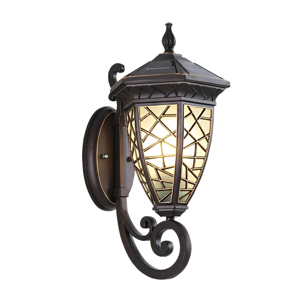 WINCHESTER SOLAR-CHARGED BLACK WALL LANTERN WITH VINTAGE GEOMETRIC DESIGN