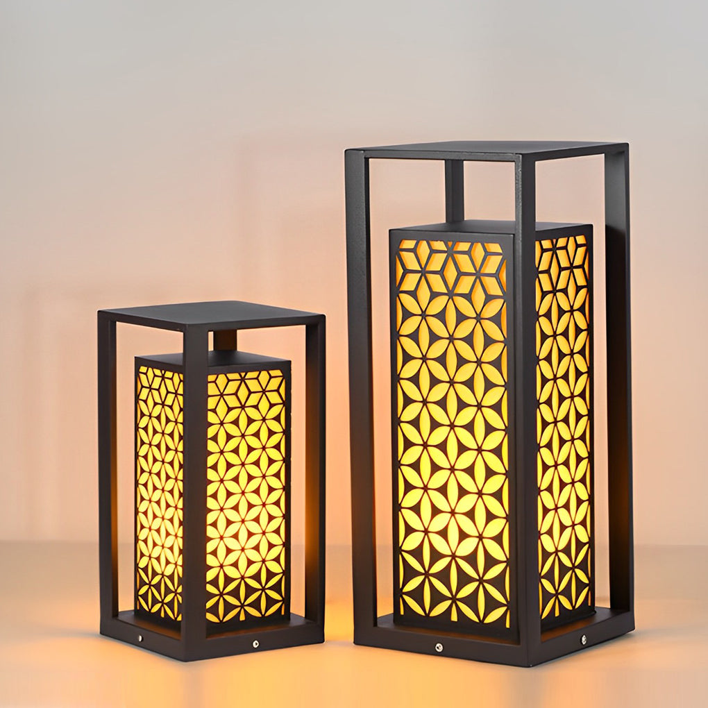 WINDSOR BLOOM GARDEN LANTERN, MODERN FLORAL LED PATH LIGHTING IN BLACK
