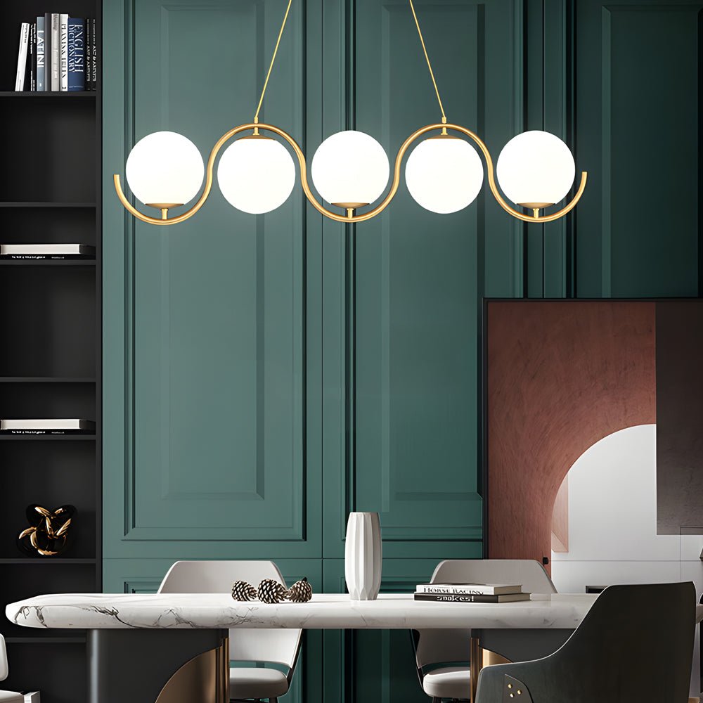 WINDSOR WAVED TRIO ISLAND LANTERN WITH ORB GLASS GLOBES FOR DINING SPACE