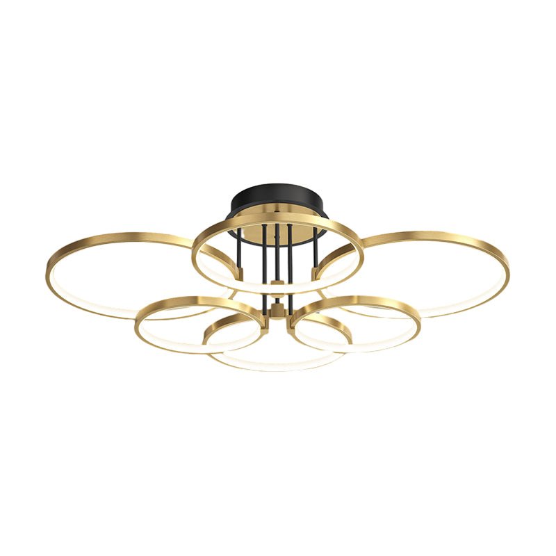1. **WINSLOW TRIO RING DIMMER CEILING LIGHT** - Featuring three interlocking rings with a sophisticated gold finish, this modern ceiling fixture offers adjustable brightness and a touch of leather for added texture.

2. **TAVISTOCK QUINTET RING DIMMABLE L