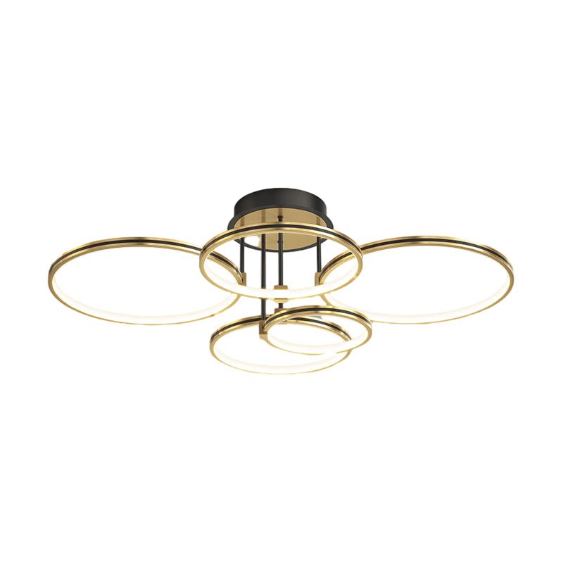 1. **WINSLOW TRIO RING DIMMER CEILING LIGHT** - Featuring three interlocking rings with a sophisticated gold finish, this modern ceiling fixture offers adjustable brightness and a touch of leather for added texture.

2. **TAVISTOCK QUINTET RING DIMMABLE L