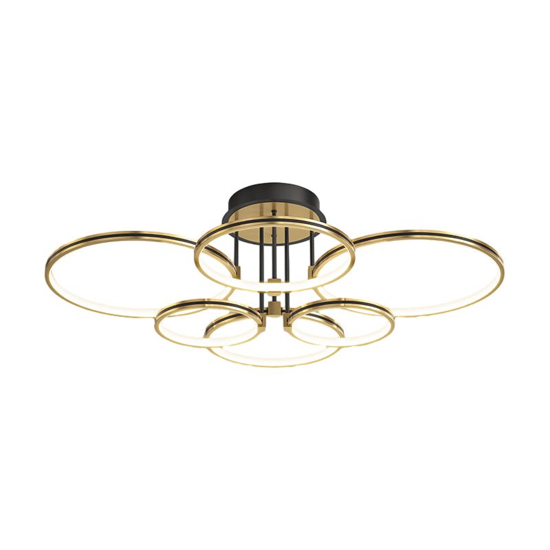 1. **WINSLOW TRIO RING DIMMER CEILING LIGHT** - Featuring three interlocking rings with a sophisticated gold finish, this modern ceiling fixture offers adjustable brightness and a touch of leather for added texture.

2. **TAVISTOCK QUINTET RING DIMMABLE L