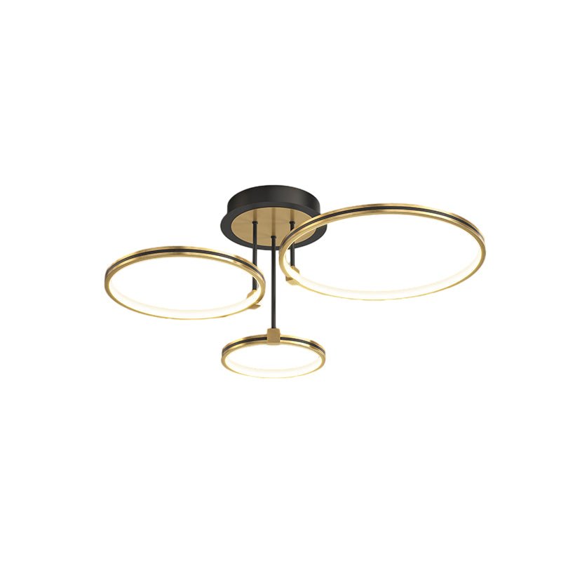 1. **WINSLOW TRIO RING DIMMER CEILING LIGHT** - Featuring three interlocking rings with a sophisticated gold finish, this modern ceiling fixture offers adjustable brightness and a touch of leather for added texture.

2. **TAVISTOCK QUINTET RING DIMMABLE L