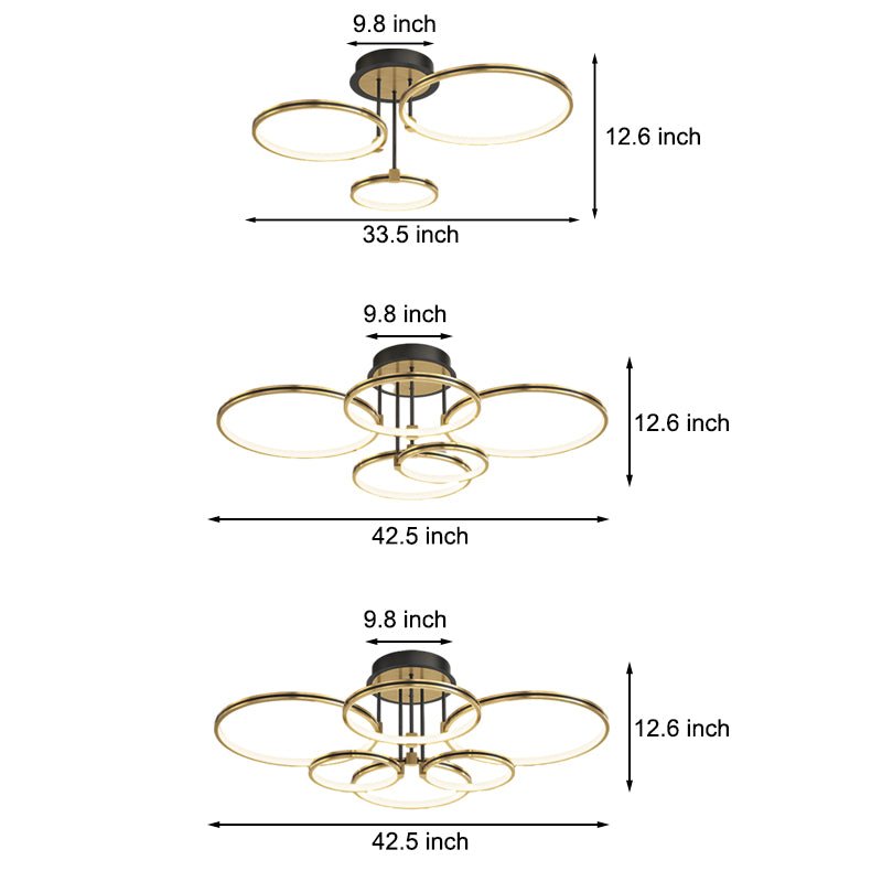 1. **WINSLOW TRIO RING DIMMER CEILING LIGHT** - Featuring three interlocking rings with a sophisticated gold finish, this modern ceiling fixture offers adjustable brightness and a touch of leather for added texture.

2. **TAVISTOCK QUINTET RING DIMMABLE L