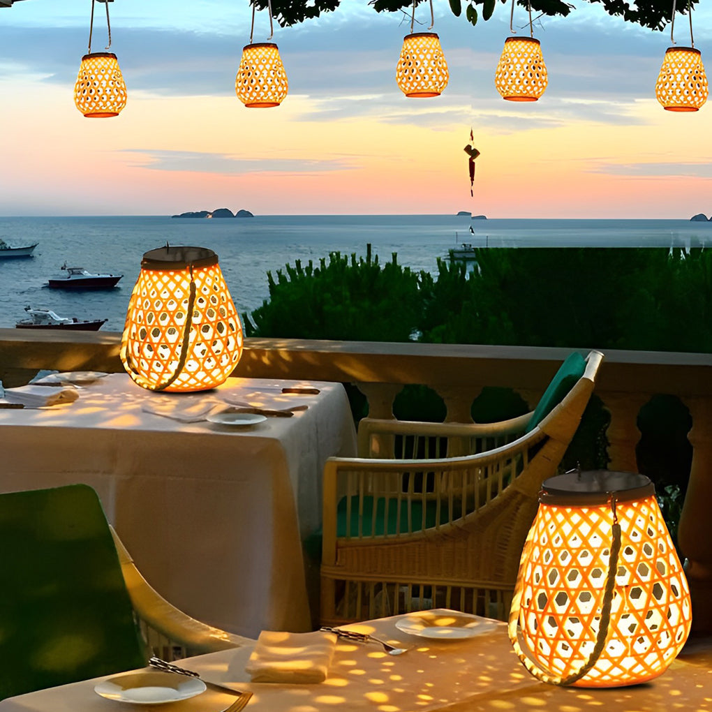 WINDSOR WOVEN BAMBOO SOLAR LANTERN WITH USB CHARGING