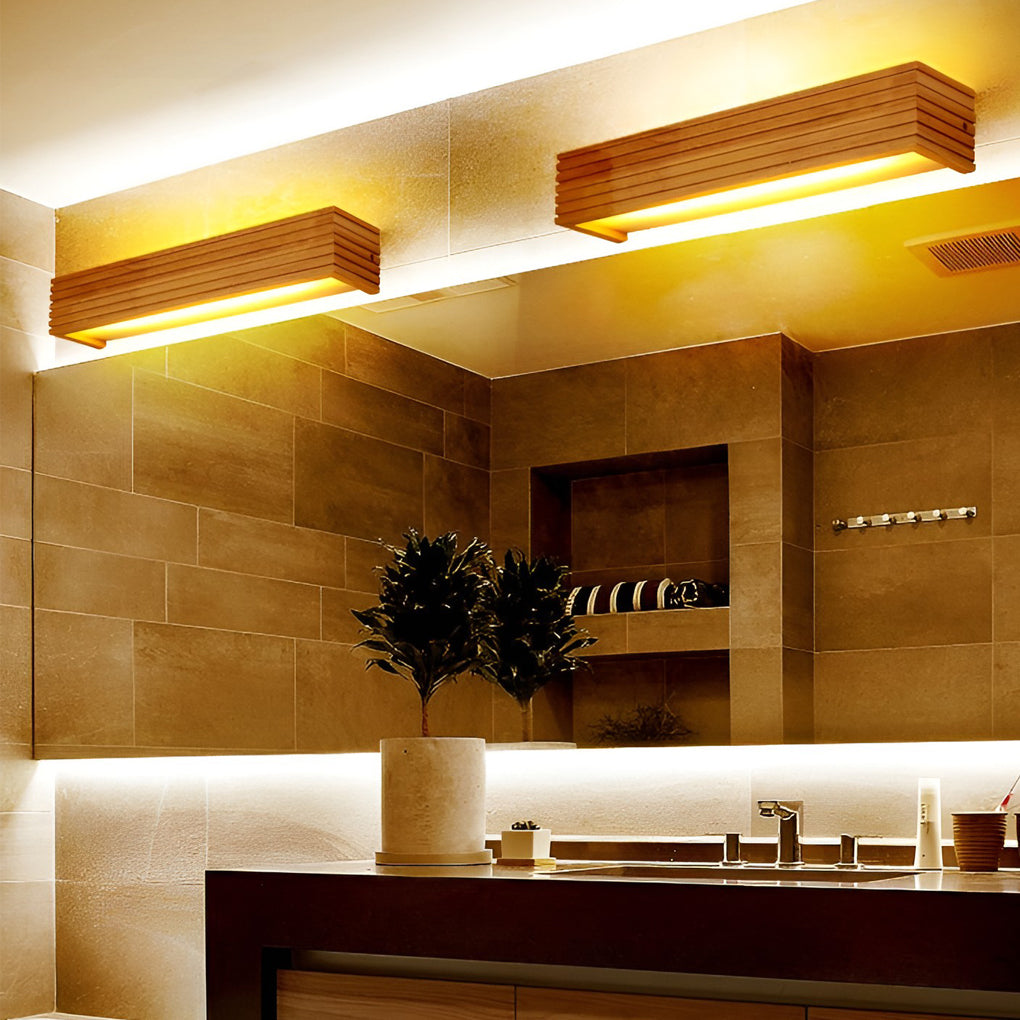 WINTHROP WOODEN RECTANGLE WATER-RESISTANT LED WALL LIGHT WITH MIRROR