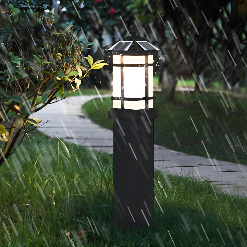 CHENWEN SOLAR-POWERED BOLLARD LIGHT WITH TRADITIONAL ASIAN CANOPY, WEATHER-RESISTANT OUTDOOR LUMINAIRE