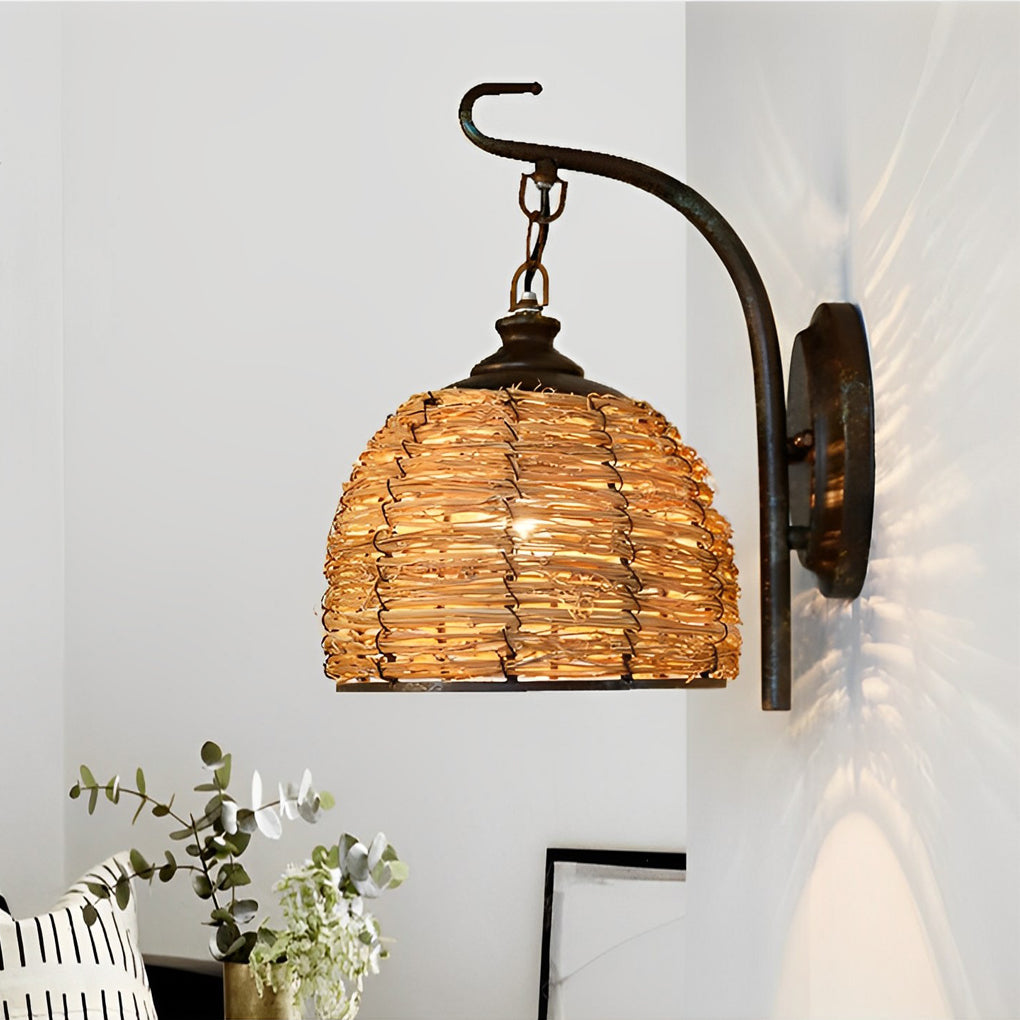 WINTHORPE WOVEN RATTAN IRON WALL SCONCE