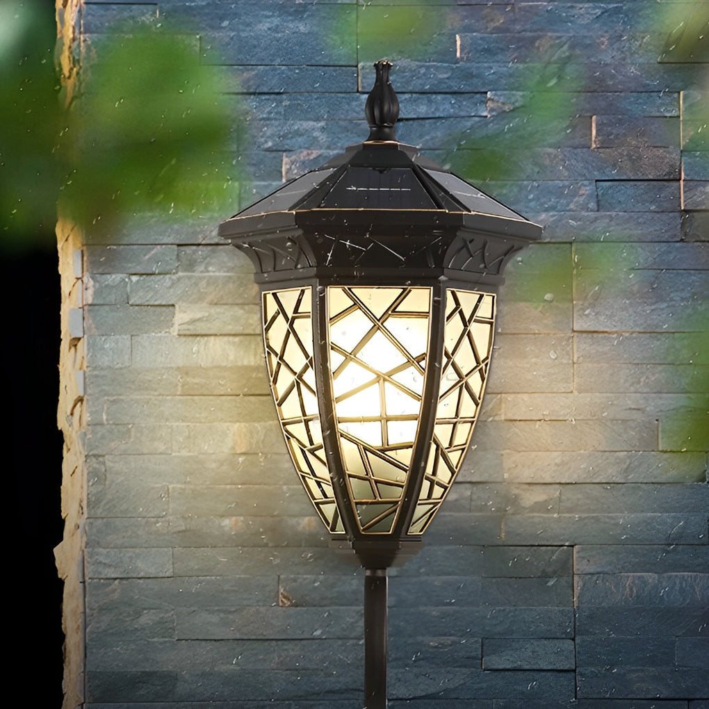 WINCHESTER SOLAR-CHARGED BLACK WALL LANTERN WITH VINTAGE GEOMETRIC DESIGN