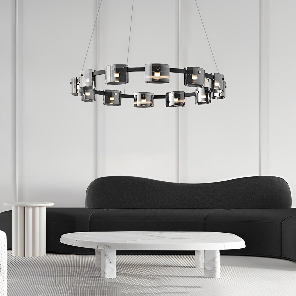 RAVENSCROFT CIRCULAR GLASS DIMMER CHANDELIER WITH MEMORY SETTINGS