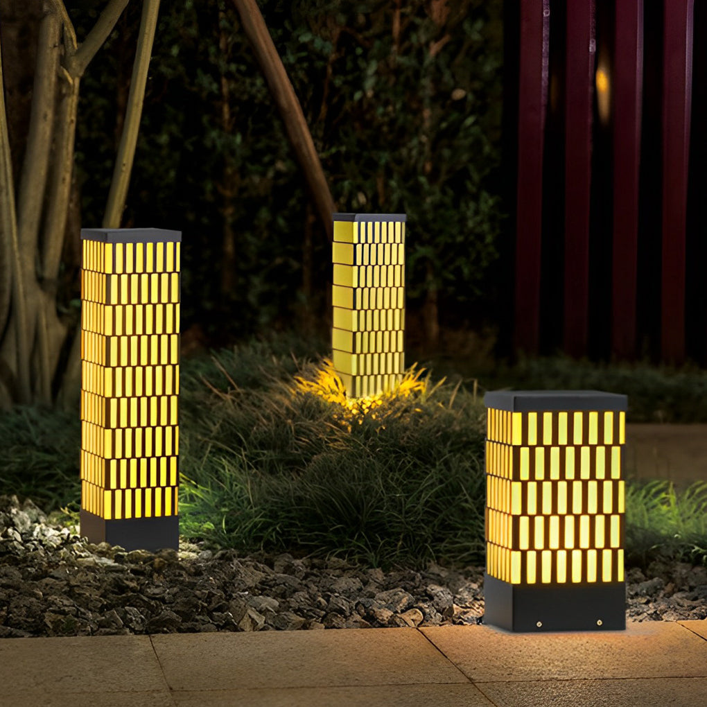 WINDSOR BLACK GRID LED GARDEN BOLLARD LIGHTING, MODERN WATER-RESISTANT OUTDOOR LAMP