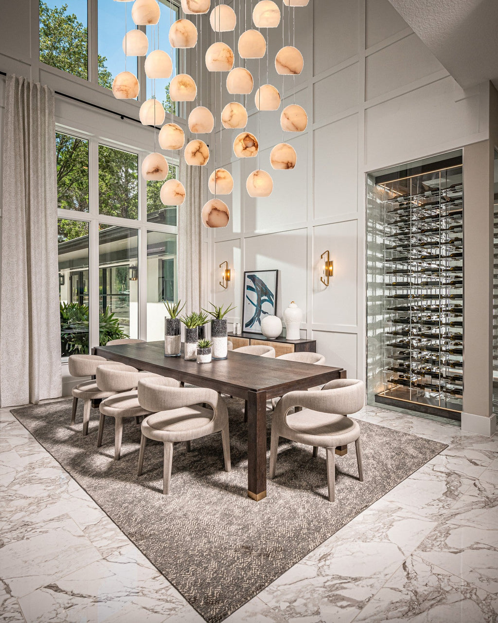 VIVIENNE LUMINAIRE WITH NATURAL ALABASTER GLOBE SHADES FOR GRAND SPACES