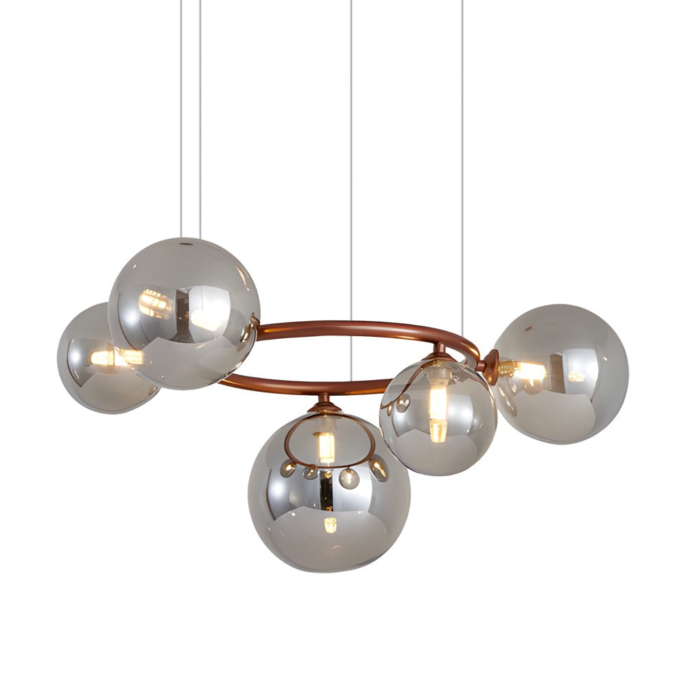 WILLOUGHBY SPHERE 5-BULB DIMMABLE CHANDELIER"  
2. "FENWICK TRIO-LEVEL GLASS ORB LIGHTING FIXTURE"  
3. "CHARLESTON 9-BULB CONTEMPORARY GLASS PENDANT"  
4. "HASTINGS CIRCULAR 7-LIGHT GLASS CHANDELIER"  
5. "BRIDGEMAN ROUNDEL DIMMABLE CHANDELIER WITH GLASS
