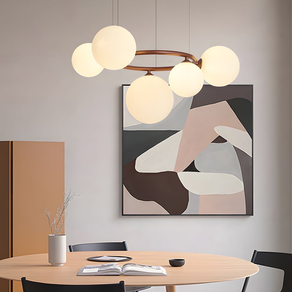 WILLOUGHBY SPHERE 5-BULB DIMMABLE CHANDELIER"  
2. "FENWICK TRIO-LEVEL GLASS ORB LIGHTING FIXTURE"  
3. "CHARLESTON 9-BULB CONTEMPORARY GLASS PENDANT"  
4. "HASTINGS CIRCULAR 7-LIGHT GLASS CHANDELIER"  
5. "BRIDGEMAN ROUNDEL DIMMABLE CHANDELIER WITH GLASS