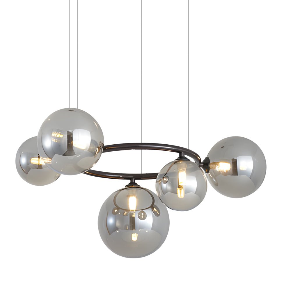 WILLOUGHBY SPHERE 5-BULB DIMMABLE CHANDELIER"  
2. "FENWICK TRIO-LEVEL GLASS ORB LIGHTING FIXTURE"  
3. "CHARLESTON 9-BULB CONTEMPORARY GLASS PENDANT"  
4. "HASTINGS CIRCULAR 7-LIGHT GLASS CHANDELIER"  
5. "BRIDGEMAN ROUNDEL DIMMABLE CHANDELIER WITH GLASS