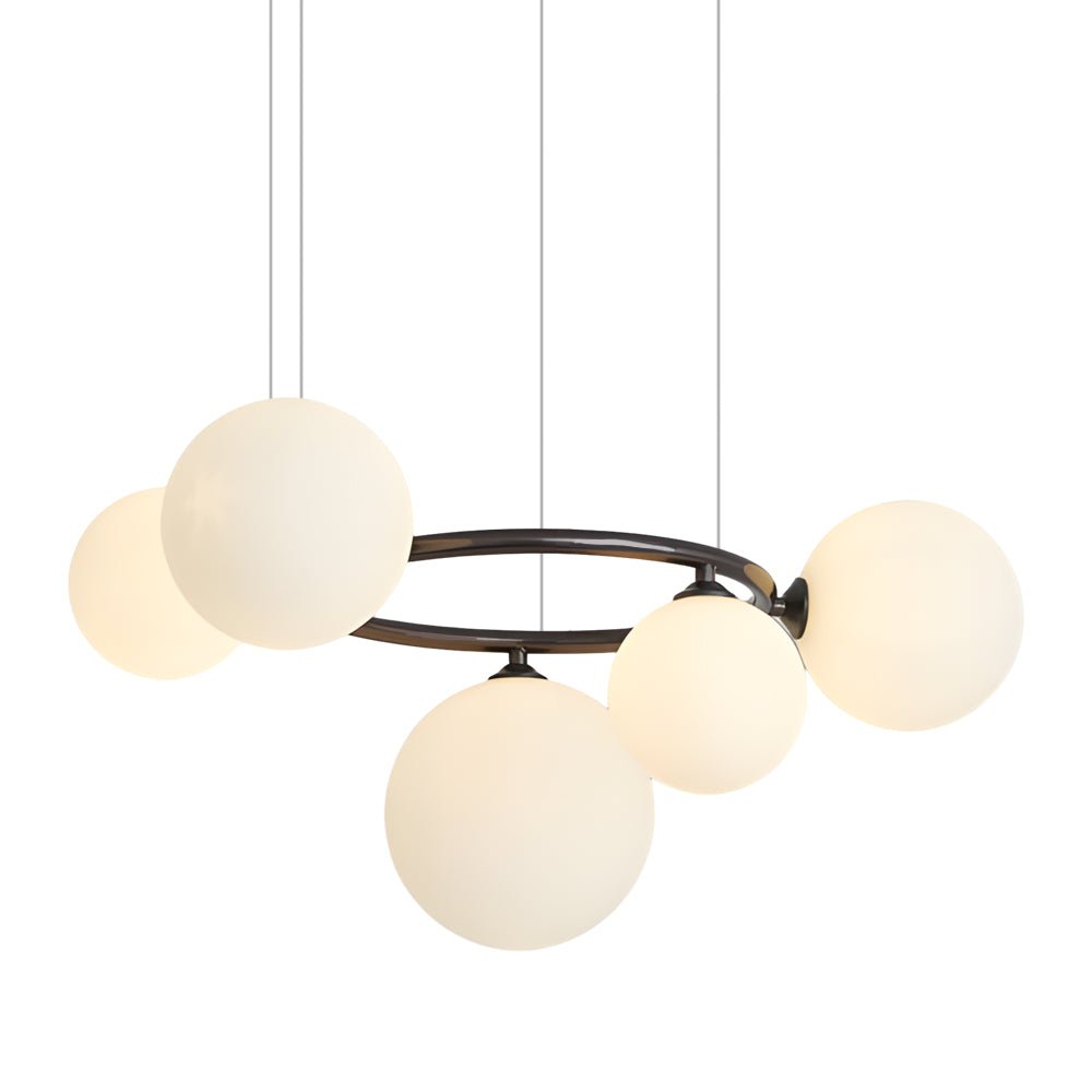 WILLOUGHBY SPHERE 5-BULB DIMMABLE CHANDELIER"  
2. "FENWICK TRIO-LEVEL GLASS ORB LIGHTING FIXTURE"  
3. "CHARLESTON 9-BULB CONTEMPORARY GLASS PENDANT"  
4. "HASTINGS CIRCULAR 7-LIGHT GLASS CHANDELIER"  
5. "BRIDGEMAN ROUNDEL DIMMABLE CHANDELIER WITH GLASS