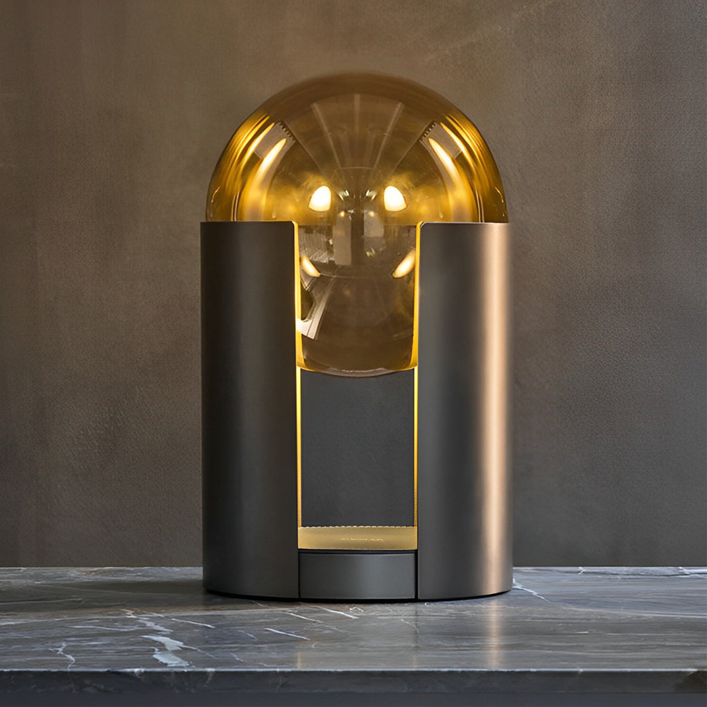CORVINGTON AMBER GLOBE TABLE LAMP WITH SOFT BLACK SHADE