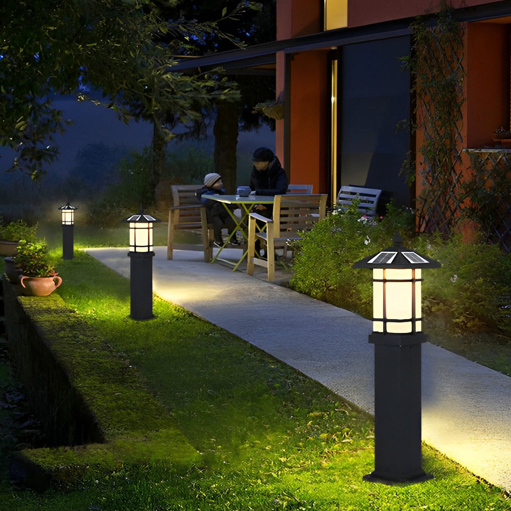 CHENWEN SOLAR-POWERED BOLLARD LIGHT WITH TRADITIONAL ASIAN CANOPY, WEATHER-RESISTANT OUTDOOR LUMINAIRE