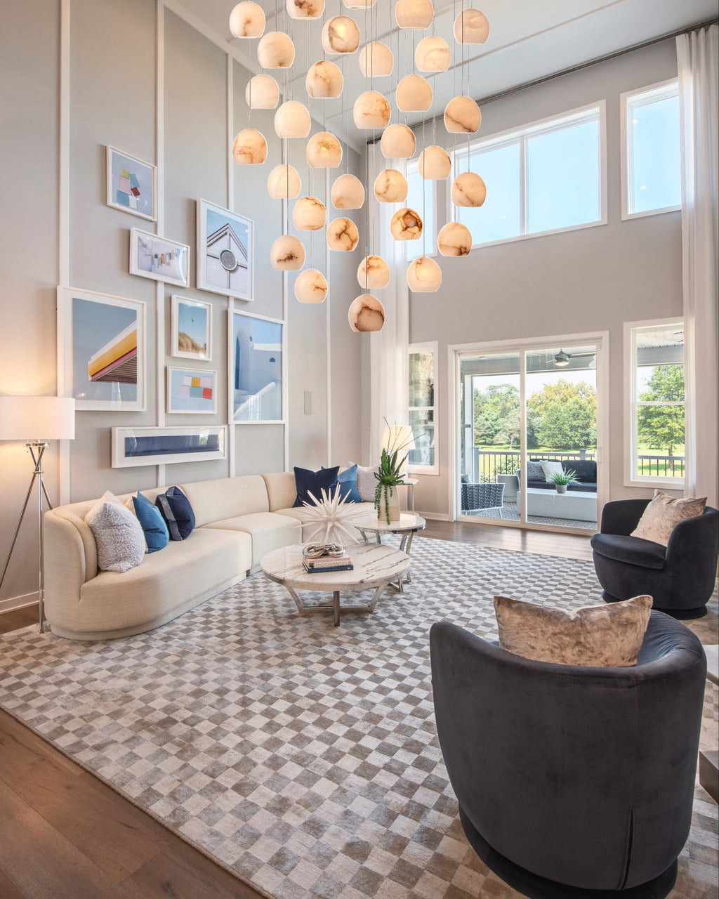 VIVIENNE LUMINAIRE WITH NATURAL ALABASTER GLOBE SHADES FOR GRAND SPACES